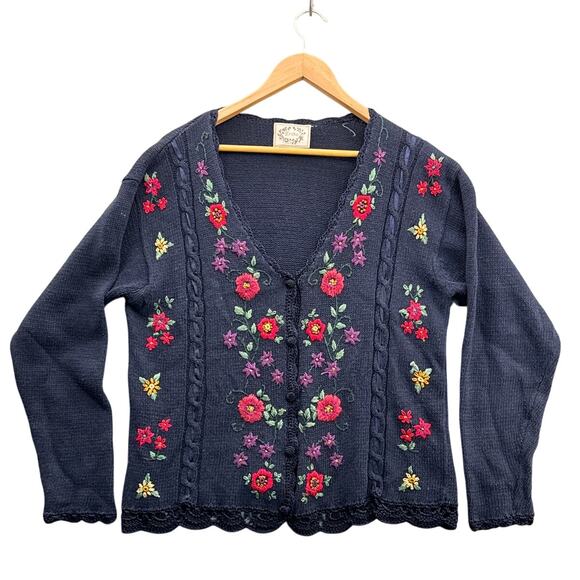 Erika Vintage Navy Blue Floral Embroidered Button Cardigan Sweater Women Large - Picture 1 of 7